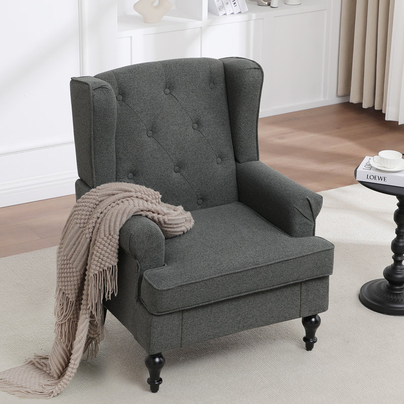 Upholsterd Wingback Armchair, Dark Gray Linen Blend
