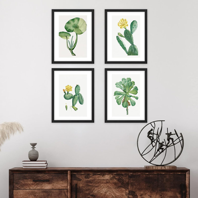 «Green Blooming Flower», ensemble de 4 fleurs de cactus du désert, impression murale encadrée sur papier, impression de 4 pièces