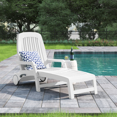 Makaila Outdoor Folding Chaise Lounge Chair On Wheels, Patio Sun Lounger Recliner With Storage Box & 5-Position Backrest For Garden, Beach, Pool, Whit by Sol 72 Outdoor