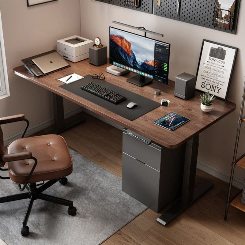 Bureau d'écriture rectangulaire en bois manufacturé brun noyer + acier noir, H 49,21 po x l 55,12 po x P 23,62 po