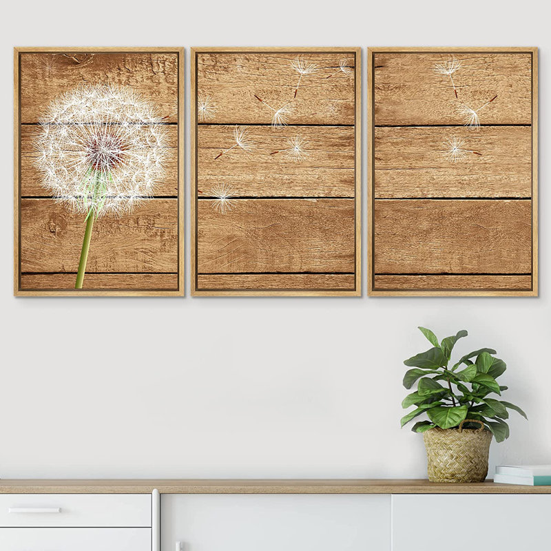 Dandelion " Windy White Summer Dandelion Flower " 3 - Pieces, 24" H x 48" W x 1.5" D, Natural Framed
