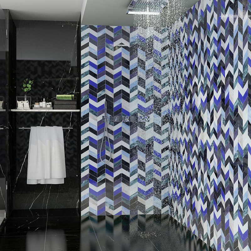 Elizabeth Sutton Meta Glossy Glass Chevron Mosaic Tile, Bayou