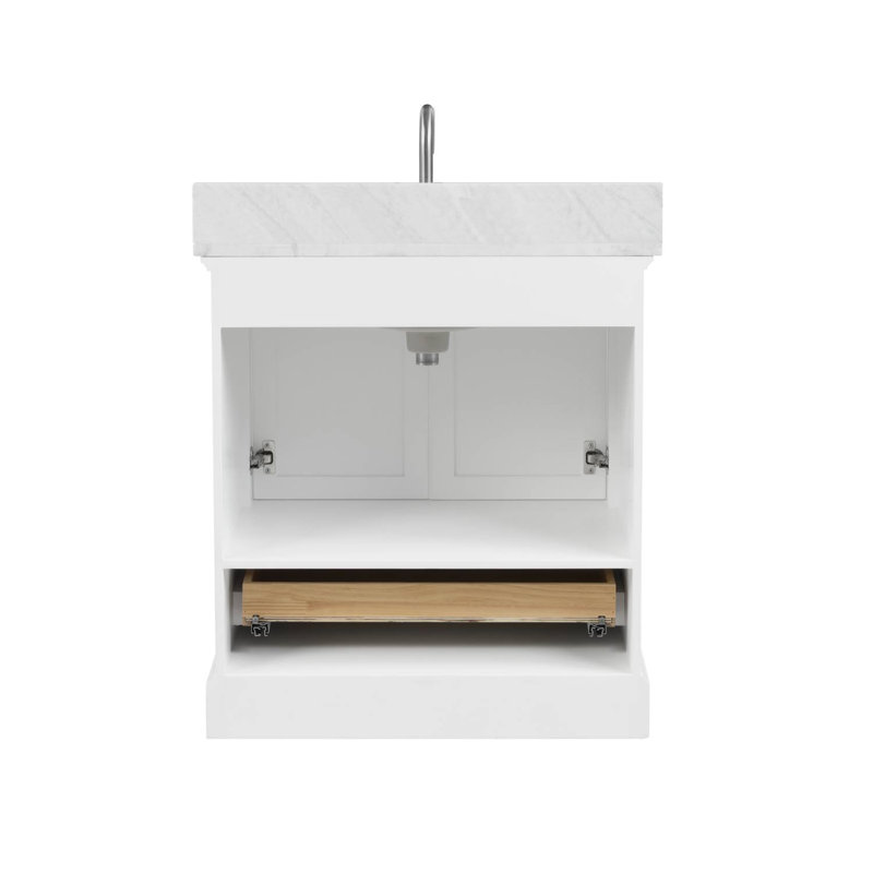Meuble-lavabo simple 31 po avec plateau en marbre de Carrare et miroir Makanda, Blanc