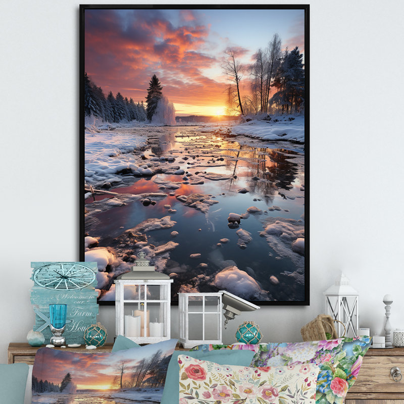 «Winter Sunset Snowfall II», reproduction sur toile, H 40 po x l 30 po x P 1,5 po, Cadre flottant noir