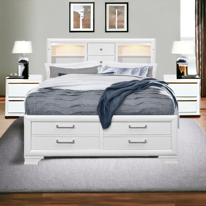 Solid Wood Queen White Eight Drawers Bed, Full/Double, White