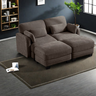 Canapés d'angle modulaires modernes, causeuse deux places en chenille marron avec 2 poufs