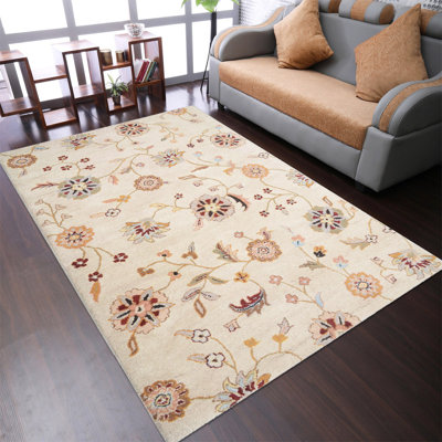 Tapis écologiques en laine touffetée à la main Hollander - 5 pi x 8 pi, de couleur crème, au design moderne et floral, tapis antidérapants faits à la main et épais pour salon, chambre à coucher 