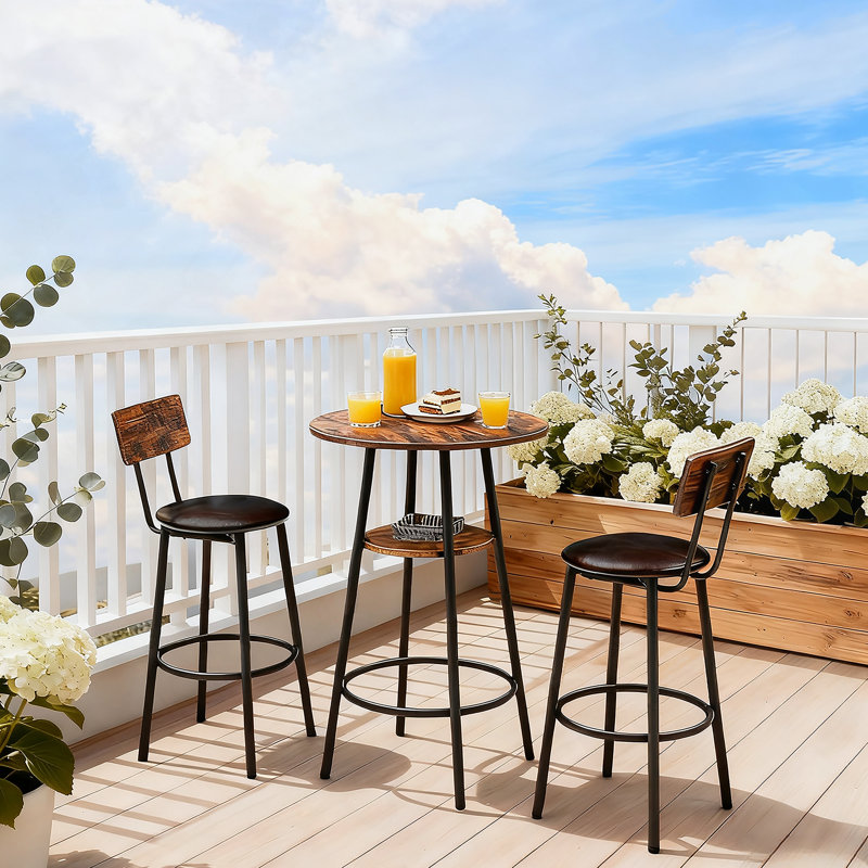 Ensemble de table de bar et de chaises rondes 3 pièces, petite table de salle à manger avec tablette de rangement à 2 niveaux et 2 tabourets de bar rembourrés