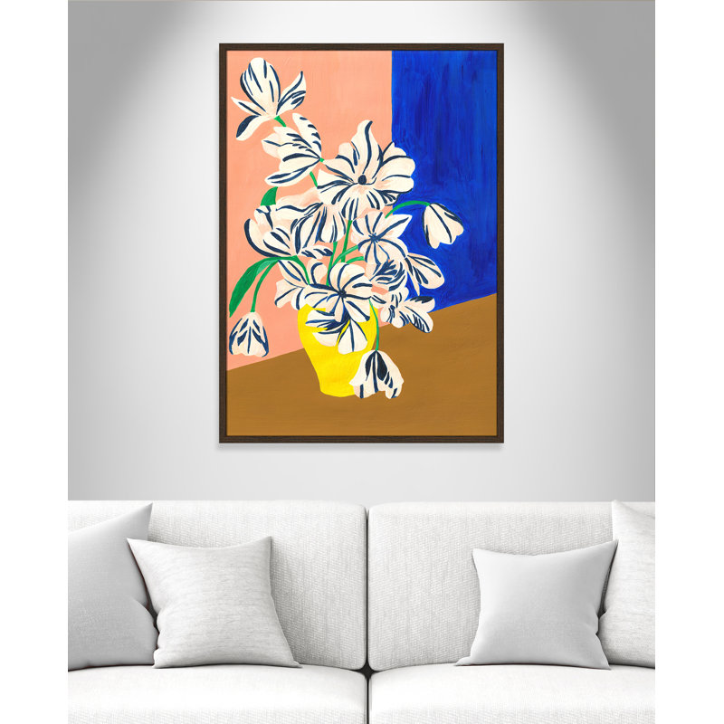 «Stripey Flowers Print» par Violets Print House, L 29,5 po x H 41,5 po, Impression encadrée, Grain de bois noyer