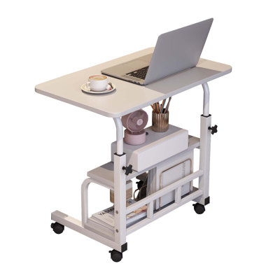 Bureau mobile à hauteur ajustable pour ordinateur portable, poste de travail d'ordinateur avec tablettes de rangement intégrées, table portable compacte pour la chambre de bureau à domicile, blanc 60 x 40 cm