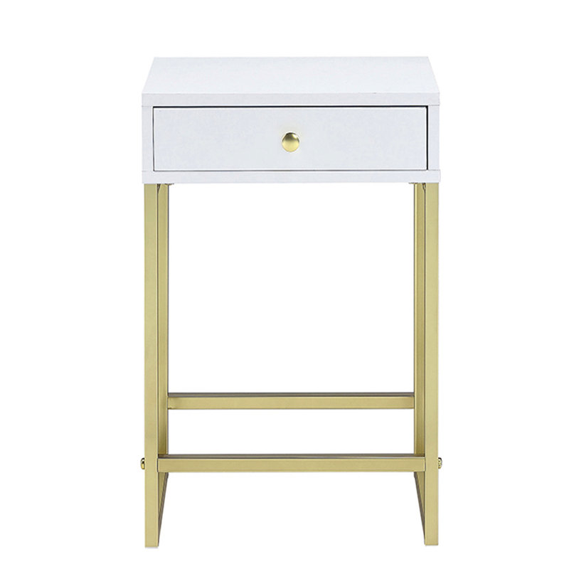 Table de bout rectangulaire blanche et laiton 1, élégante pour la maison, tiroir coulissant en métal Essentials Contemporary or, système lisse
