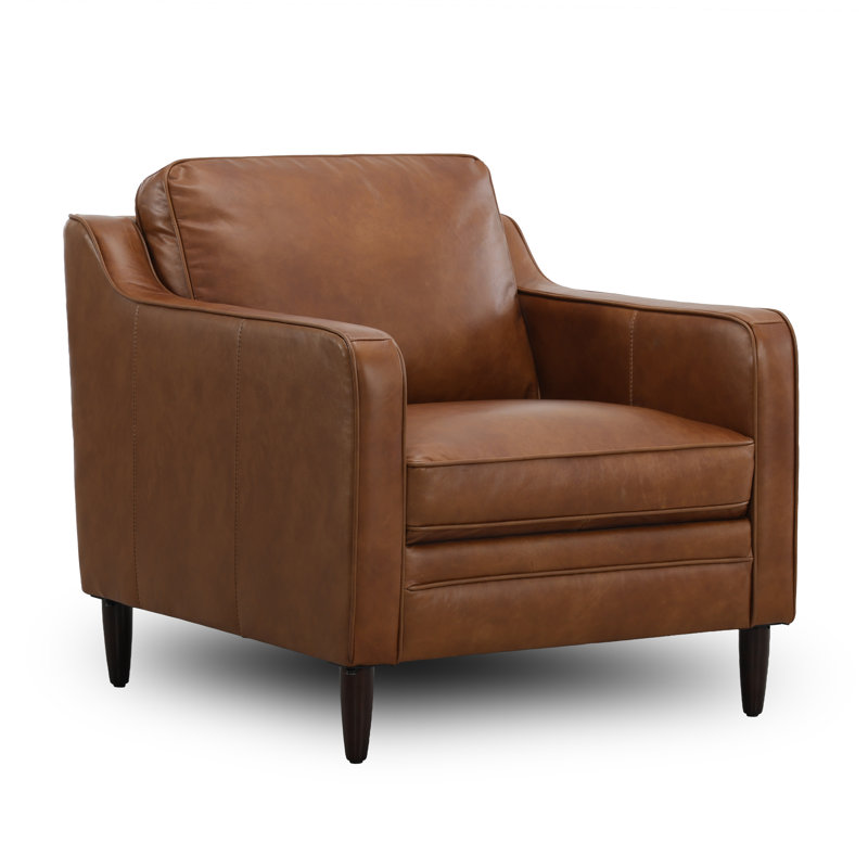 Leyla Genuine Leather Square Arm Accent Chair, Brown Fur Genuine Leather