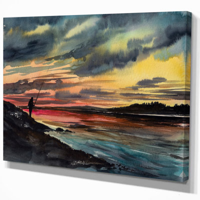 «Paysages, homme de pêche sur un ciel coucher de soleil», reproduction d'art