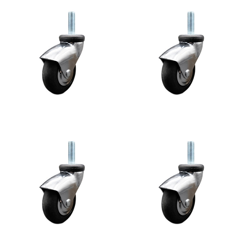 3 Inch Bright Chrome Hooded Neoprene Rubber 3/8 Inch Threaded Stem Casters Set 4, Bright Chrome