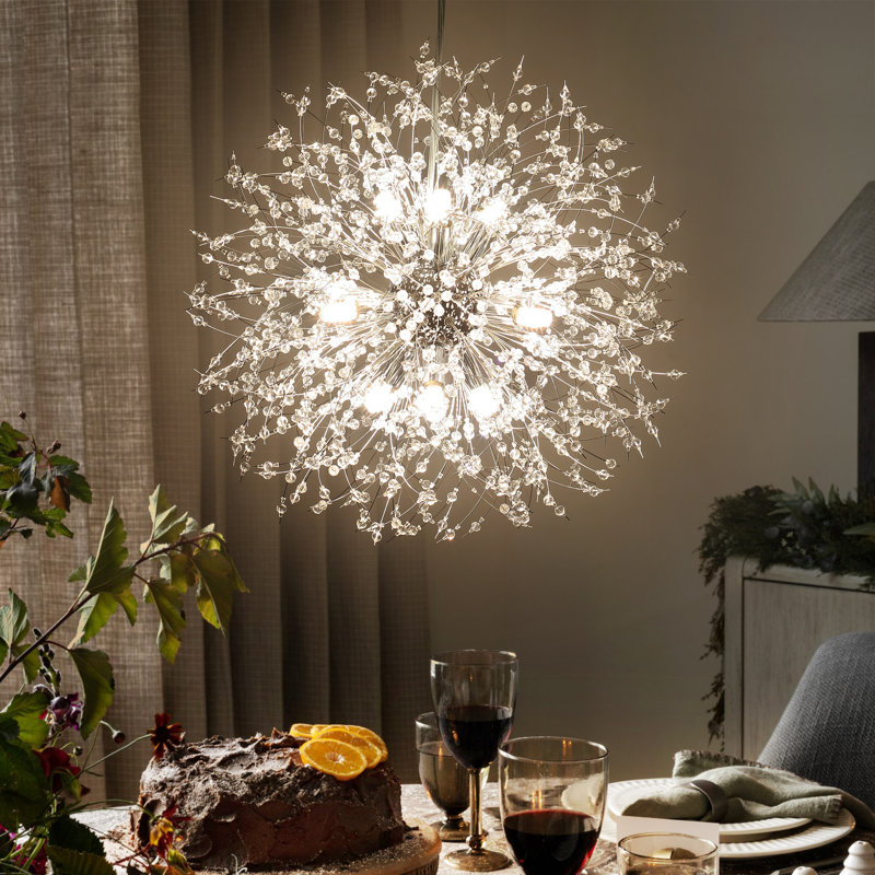Dandelion 9-Light Sputnik Crystal Chandelier Starburst Sunburst Ceiling Lighting, Chrome