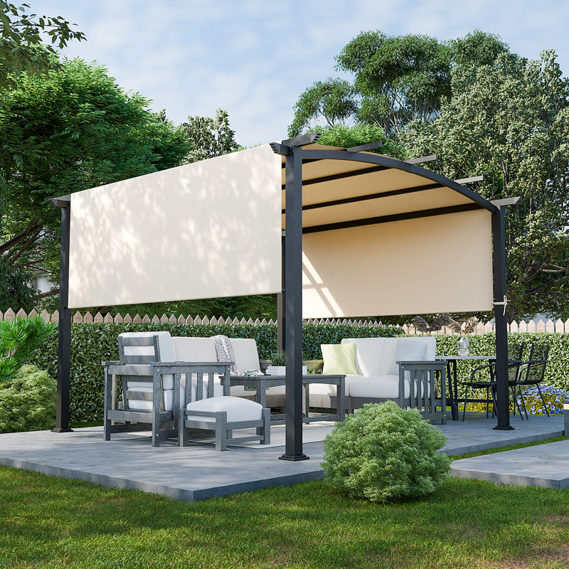 Pergola arquée en métal 10 x 10 pi avec auvent réglable - Structure de patio extérieur pour la cour, le jardin et la terrasse - Cadre résistant à la rouille avec un design élégant en arc et un pare-soleil personnalisable