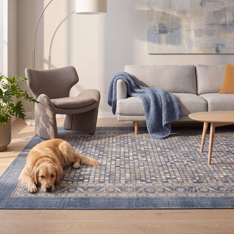 Tapis Cypress moderne à motif mosaïque mouchetée abstraite, bleu, gris, or, crème, ivoire, lavable à la machine, antidérapant, à poils courts, pour l'intérieur et l'extérieur, adapté aux animaux domestiques, idéal pour le salon, la chambre, la salle à manger, l'entrée, le couloir ou le bureau.