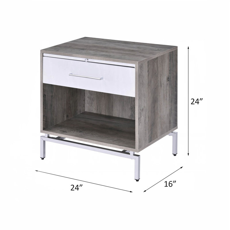 Table de chevet 1 tiroir en chêne gris et blanc, base en métal pour une solution de rangement de chambre à coucher moderne avec tiroir ouvert, formation