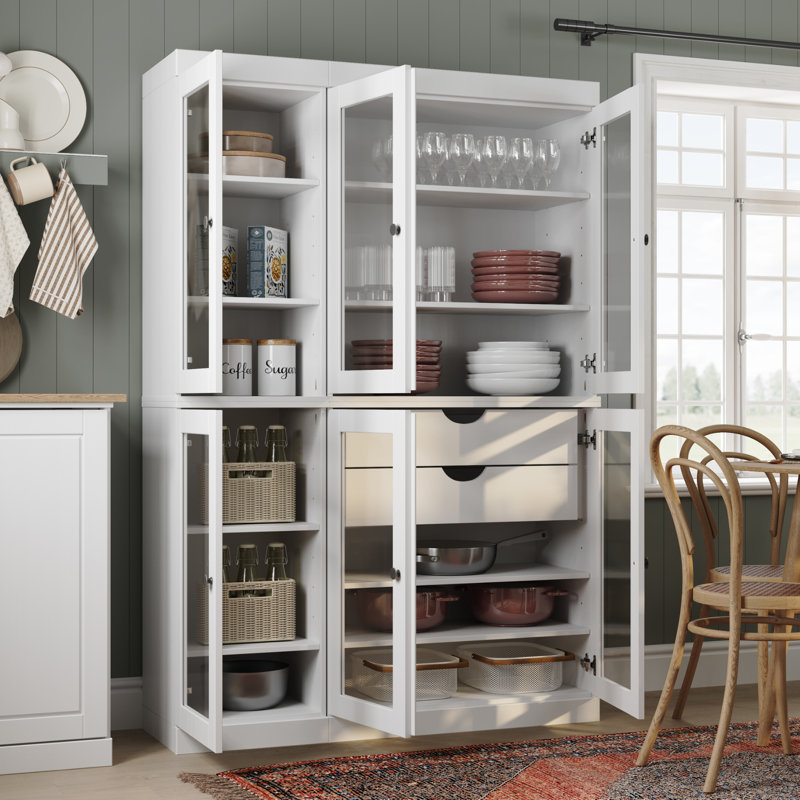 Vaisselier 100% bois massif 48,5 po avec portes en verre transparent, 2 tiroirs et tablettes réglables, Blanc