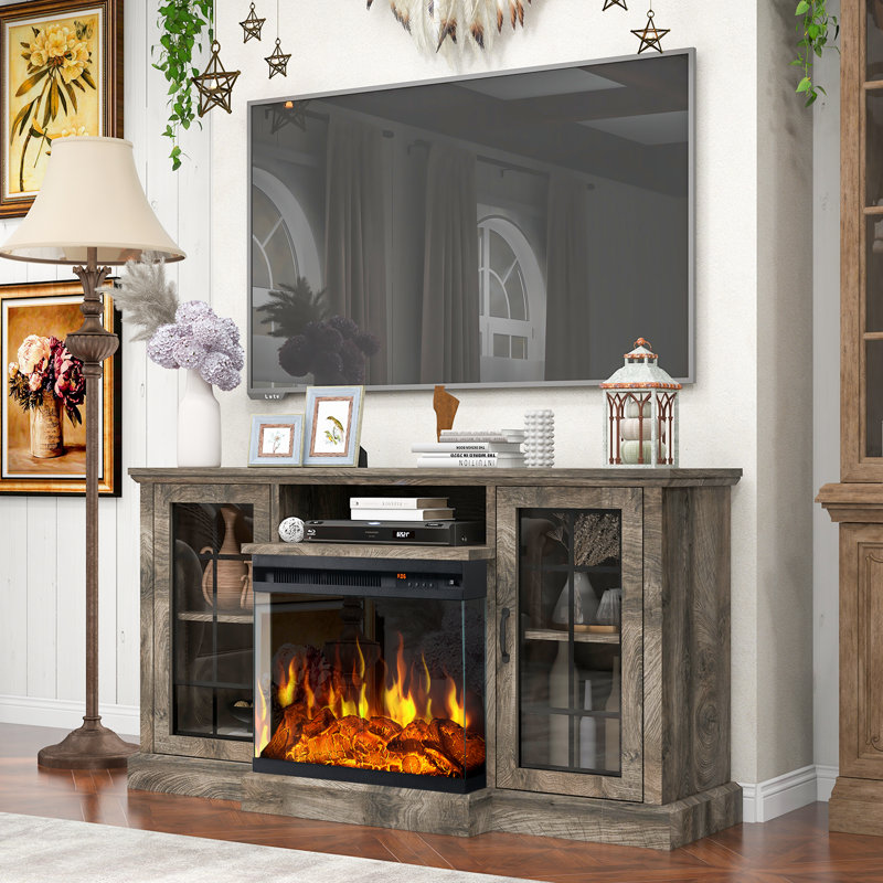 3-Sided Glass Fireplace TV Stand, Gray