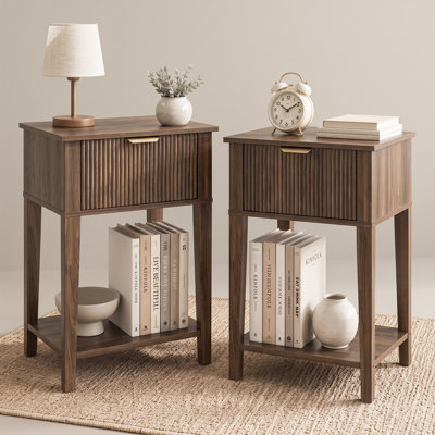 Ensemble de 2 tables de chevet compactes et modernes à cannelures avec tiroir et tablette ouverte