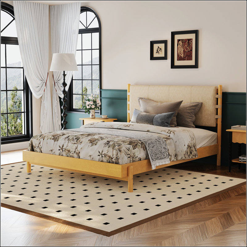 Premium Rubber Wood Platform Bed Frame, Queen, Beige