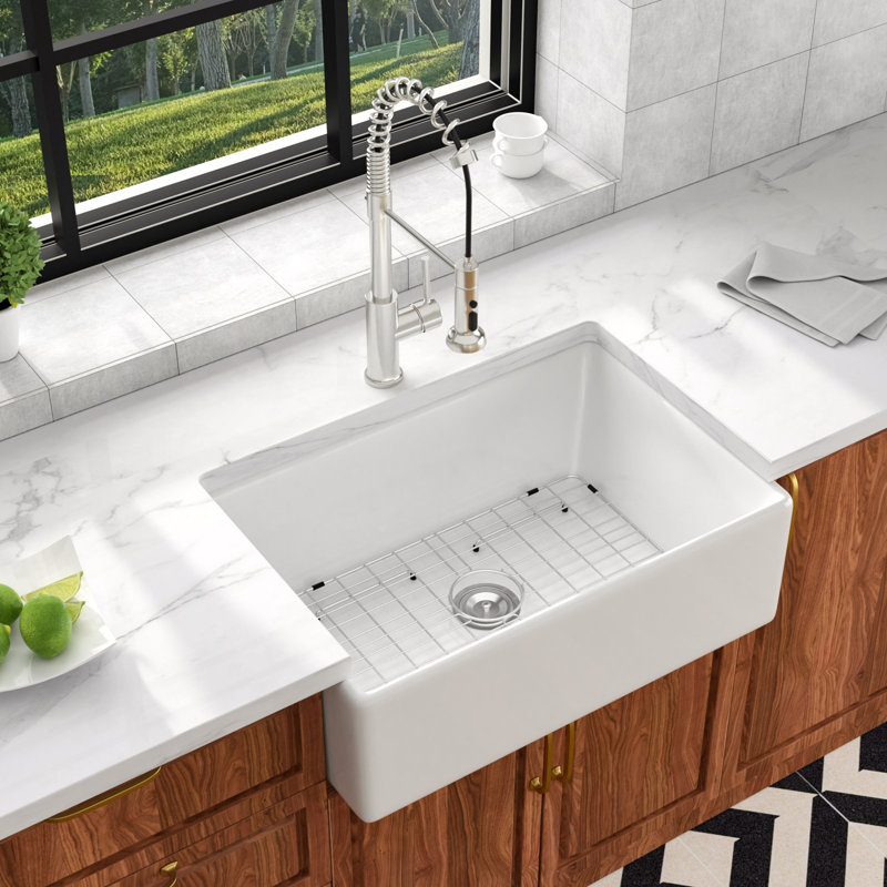 33'' L  x 20" W Glossy White Ceramic Farmhouse Kitchen Sink Apron Front Pocelain Single Bowl Sinks with Sink Grid and Drain Assembly