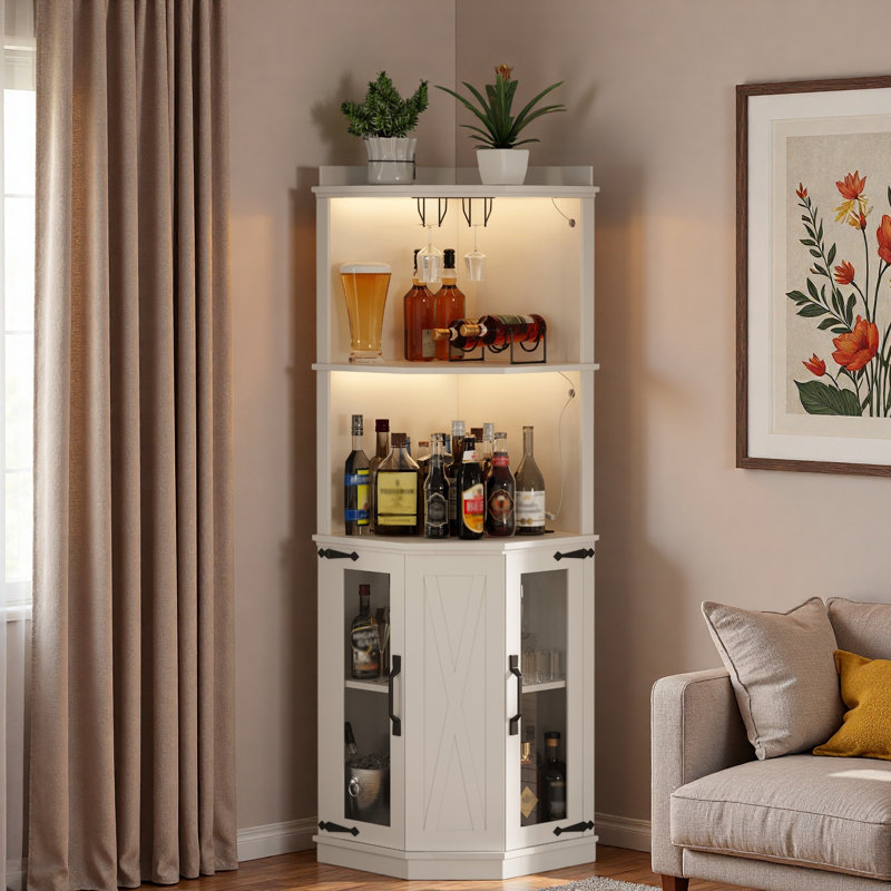 Corner Bar Cabinet With Power Outlet, Adjustable Shelves, Led Light, Glass Holders And Wine Racks