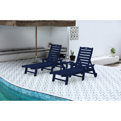 Outdoor Lounge Chair Of 2, 5 With Wheels & Cup Holder, Navy Blue, Chipping For Poolside, Deck, Garden Fog
