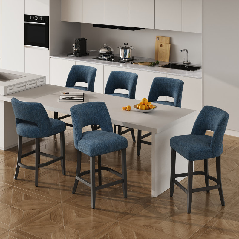 Ensemble de 6 tabourets de bar rembourrés à hauteur de comptoir avec pieds en bois massif, 6, Bleu