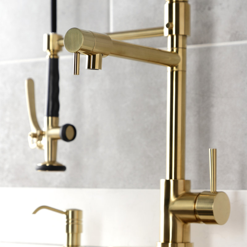 Kingston Brass Concord Single-Handle 1-Hole Deck Mount Pre-Rinse Kitchen Faucet, Brushed Brass