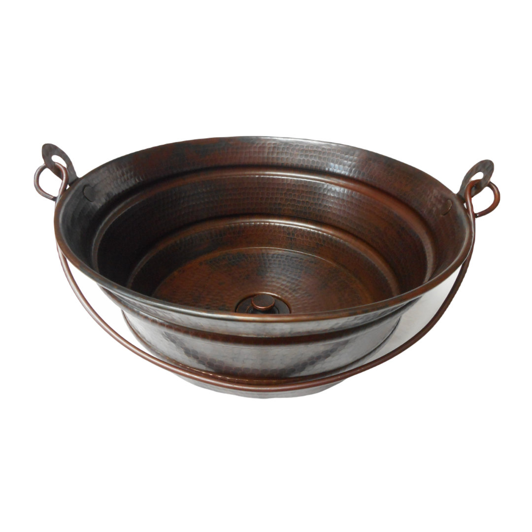13" Aged Copper Round Copper Vessel Bucket Bathroom Sink, Drain Included SimplyCopper