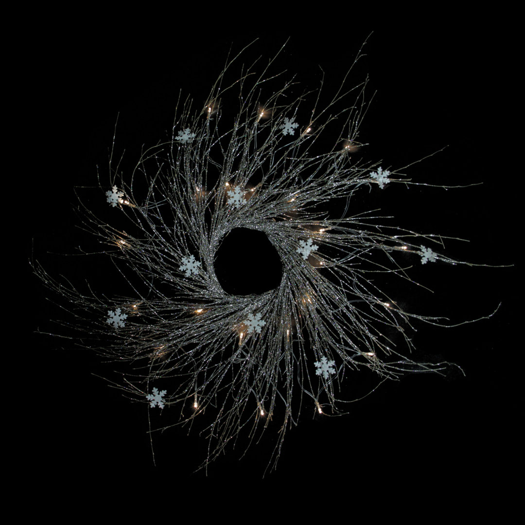 28" Pre-lit Champagne Glittered Artificial Twig Christmas Wreath Warm White LED Lights Northlight Seasonal