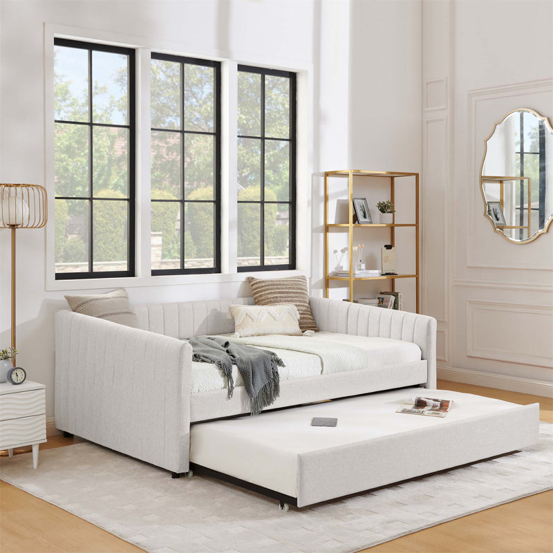 Daybed With Trundle Upholstered Sofa Bed, With Vertical Stripes, Linen Fabric, Beige, Full