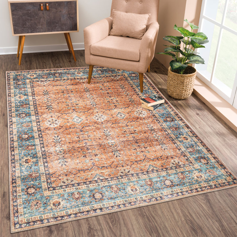  Washable Non-Slip Rug - Orange/Teal Blue Traditional Bordered Runner for Entryway, Hallway, Bathroom, and Kitchen