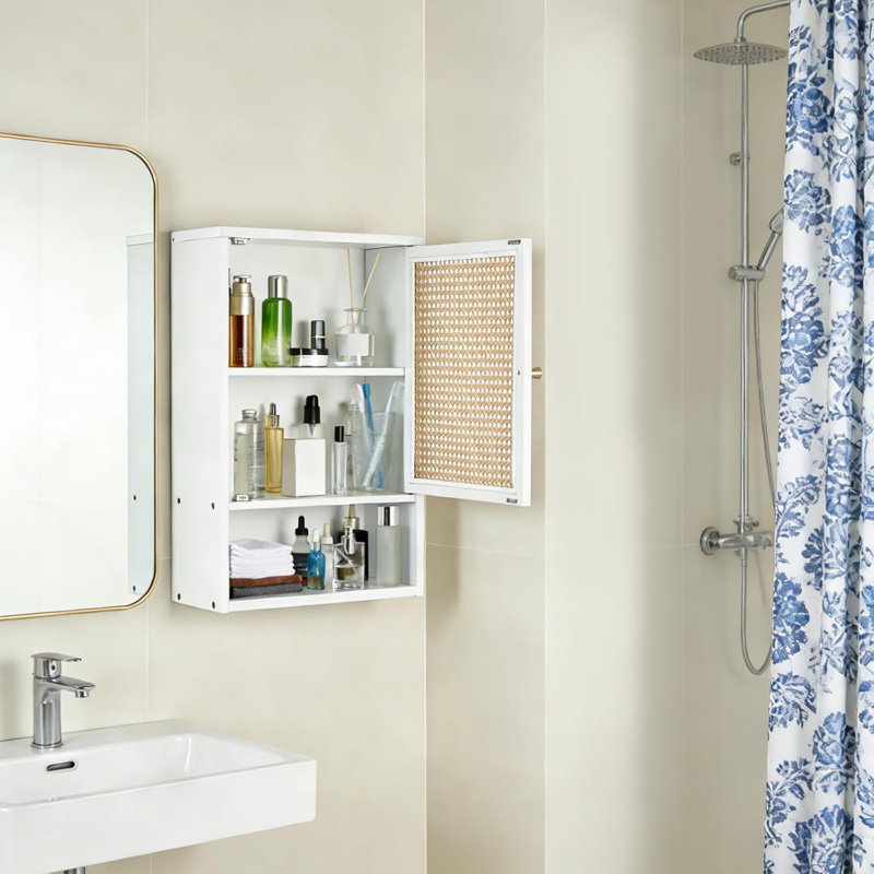 Bathroom Cabinet Wall Mount, Medicine Cabinets for Bathroom Storage Bamboo over Toilet Hanging Cabinet with Rattan Doors and Adjustable Shelf, Wall Cabinet Storage for Kitchen, Laundry