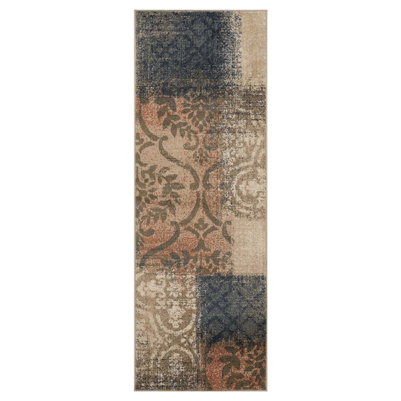 Tapis tissé à la machine en bleu / brun / gris Faizal, Tapis de couloir 2 pi 8 po x 8 pi