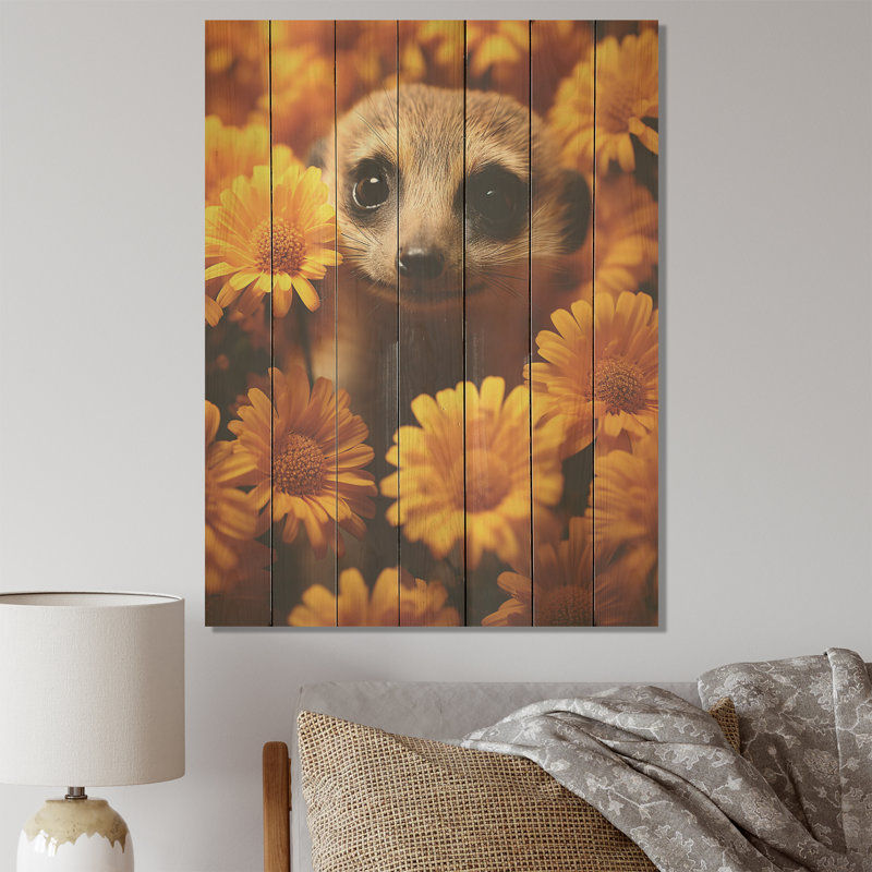 Suricate jaune à motif floral - suricate sur bois, H 32 po x l 24 po