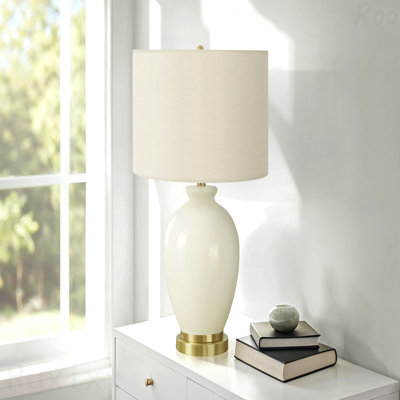 Lampe de table - H 26 po, matériau céramique crème, ivoire et abat-jour crème