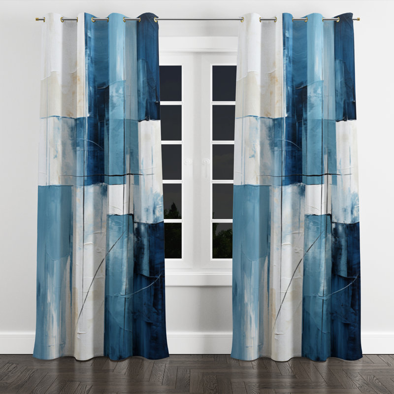 Frissell Nautical White And Blue Geometry Shapes III - Abstract Grommet Curtain - Velvet Room Darkening - 1 panel