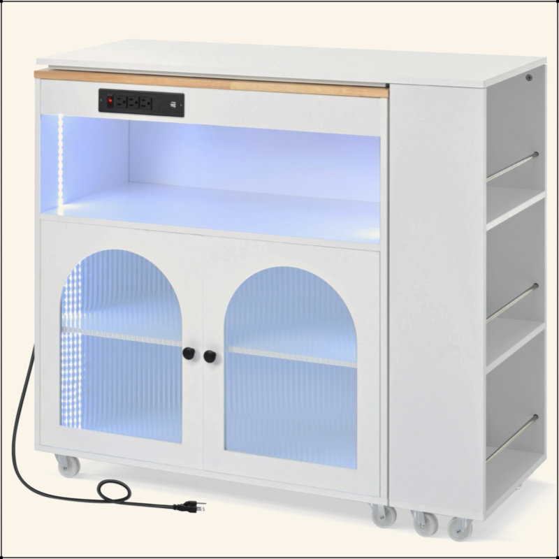 Rolling Kitchen Island With Extended Table, Kitchen Island On Wheels With LED Lights,Power Outlets And 2 Fluted Glass Doors, Kitchen Island With A Storage Compartment And Side 3 Open Shelves