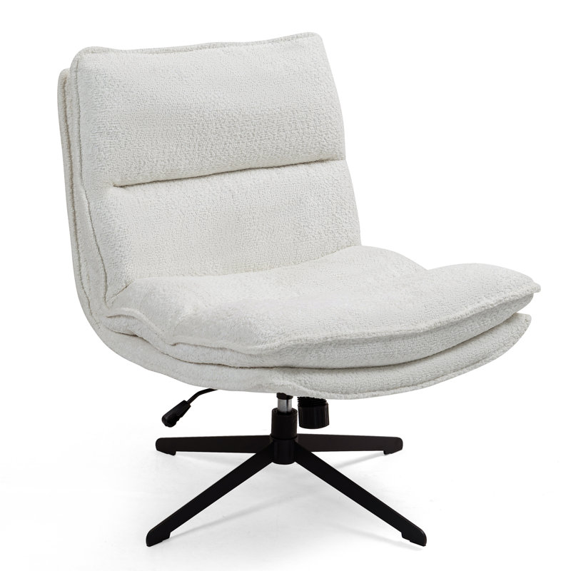 Benecia White Boucle Upholstered Fabric Accent Chair with Black Metal Swivel Legs