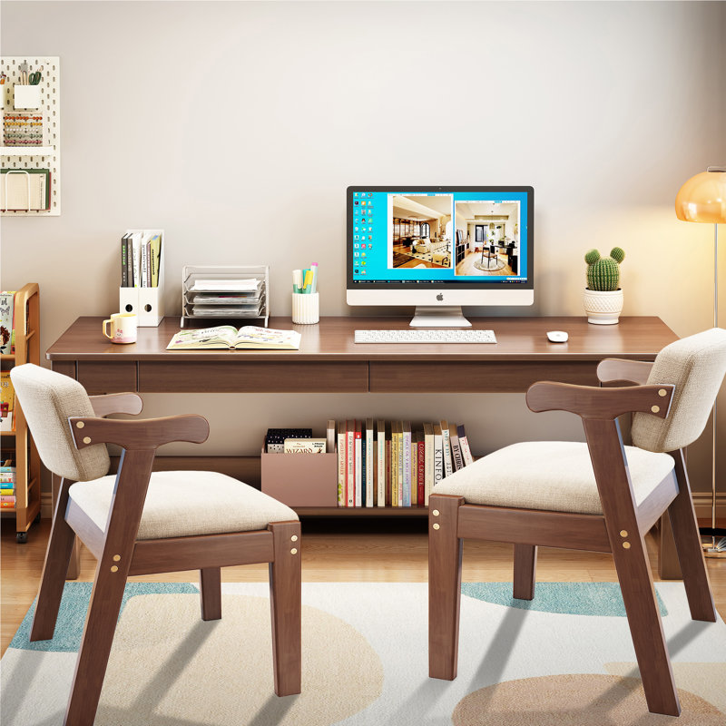 63" Solid Wood Kids Writing Desk Rectangular Learning Computer Table with 2 Chairs, Brown