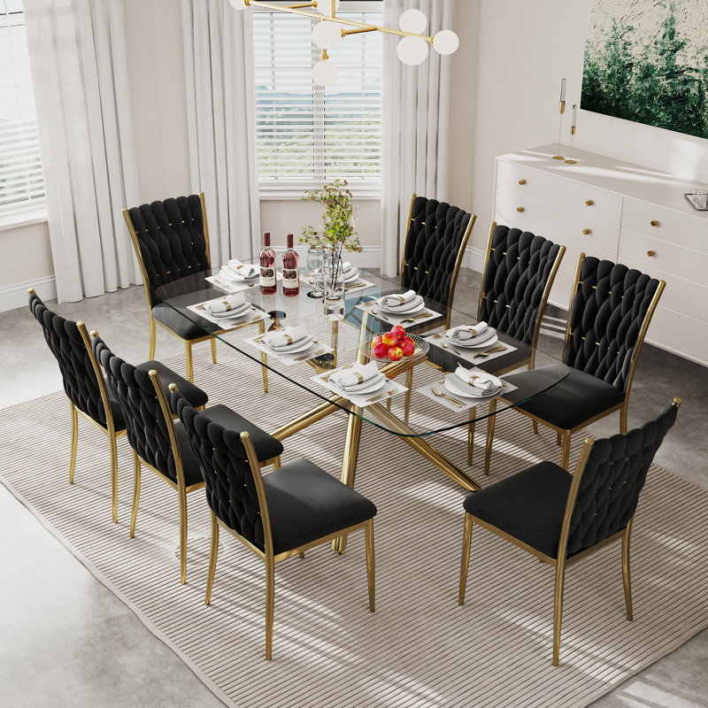 71 Inch Modern Luxury Rectangular Dining Table Set, Tempered Glass Top With Metal Base, Velvet Upholstered Chairs With Gold Metal Legs, 6/7/9 Piece Kitchen & Dining Set For Dining Room, Living Room, Restaurant, Breakfast Nook, Contemporary Glam Furniture