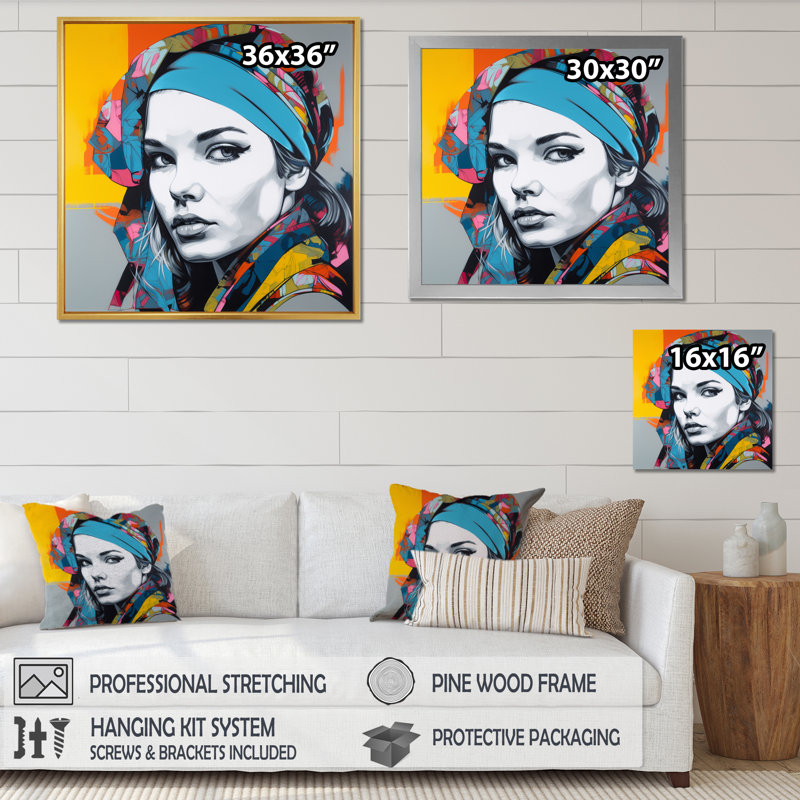 Portrait rétro pop art d'une belle jeune femme I, 36" H x 36" W, Toile tendue