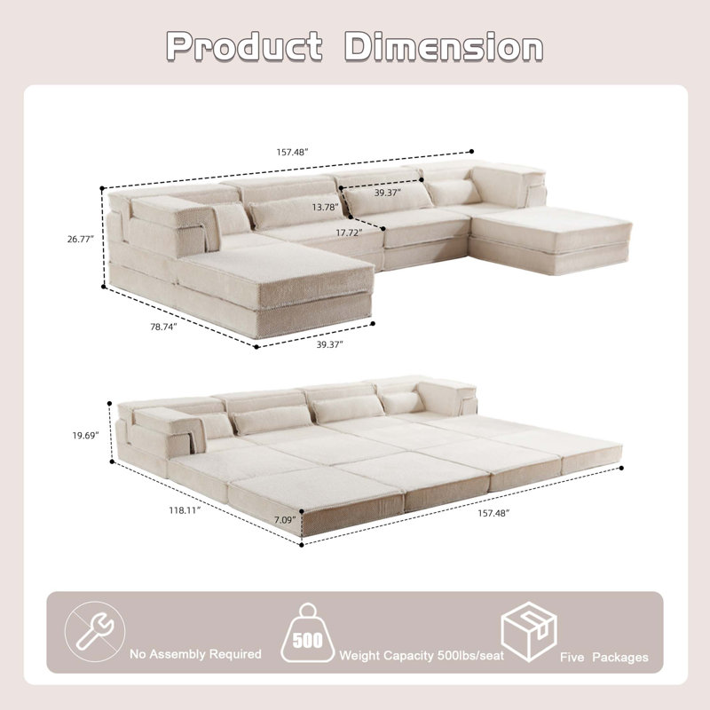 Canapé à compression Mahjong, canapé-lit convertible au sol, canapé modulaire modulaire désossé DIY, aucun assemblage requis, tissu polaire circulaire, surdimensionné à 4 places avec 2 repose-pieds