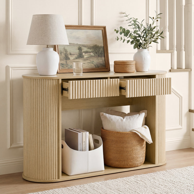 47'' Modern Fluted Console Table with 2 Drawer, Oak