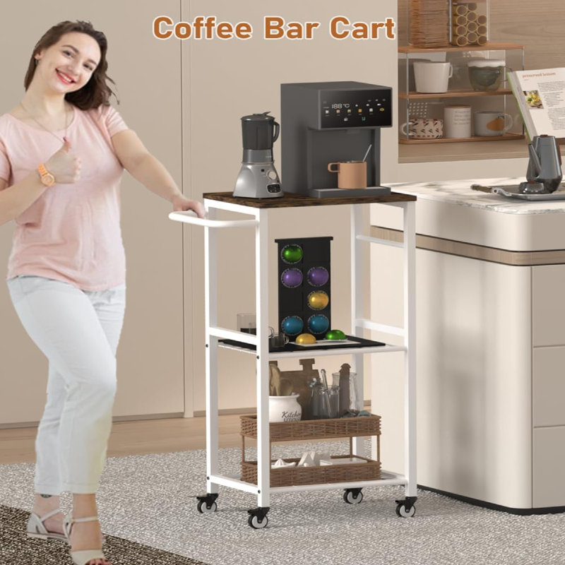 Rolling Kitchen Cart With 3-Tier Storage And Metal Handle For Small Spaces (Enhanced Organization & Style), White/Brown Wood