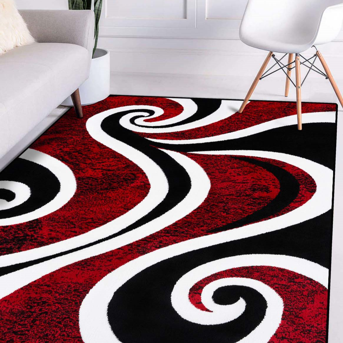 Red Black Gray Abstract Wave Area Rug, Kitchen Floor Mat, Office