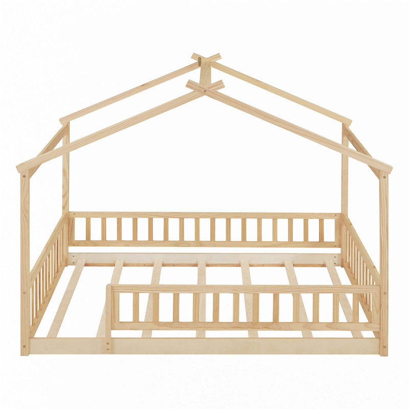 Cadre de lit en bois avec clôture, Double, Naturel